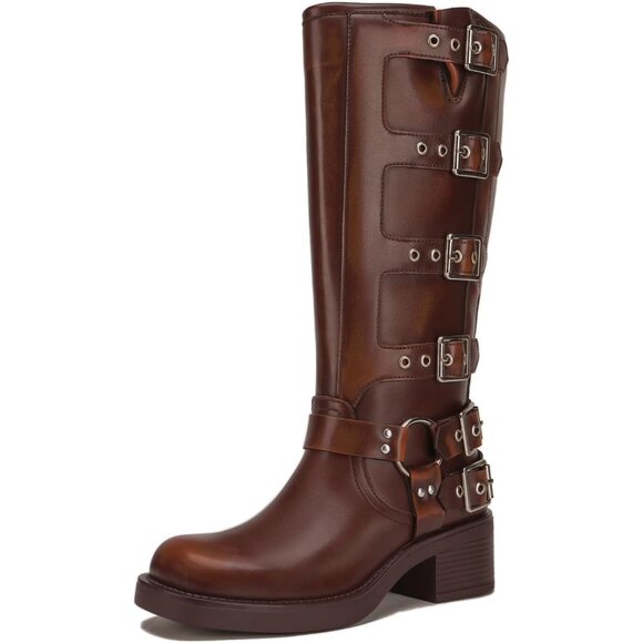 ✨ Women's Brown Knee High Boots Fashion Buckle Square Toe Chunky Heel Boots